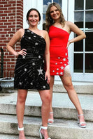 Laden Sie das Bild in den Galerie-Viewer, Schwarze Etui-Langes Kurzes Ballkleid mit Pailletten und Stern