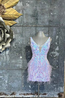 Laden Sie das Bild in den Galerie-Viewer, Lila V-Ausschnitt Rückenfreies Pailletten-Partykleid mit Federn