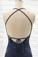 Laden Sie das Bild in den Galerie-Viewer, Meerjungfrau Spaghettiträger Marine Lange Abendkleid mit Pailletten