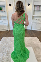 Laden Sie das Bild in den Galerie-Viewer, Glitzernde Königsblaue Einschultriges Pailletten Abendkleider mit Schlitz