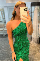 Laden Sie das Bild in den Galerie-Viewer, Glitzernde Eine Schulter Schwarze Pailletten Langes Ballkleid mit Schlitz