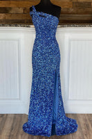 Laden Sie das Bild in den Galerie-Viewer, Etui Ein-Schulter Fuchsia Pailletten langes Abendkleid