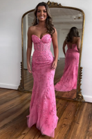 Laden Sie das Bild in den Galerie-Viewer, Rosa Korsett Herzchen Lange Spitze Meerjungfrau Ballkleid mit Schlitz