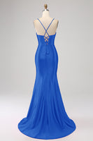 Laden Sie das Bild in den Galerie-Viewer, Atemberaubendes Meerjungfrauen Spaghettiträger Fuchsia Korsett Ballkleid mit geteilter Vorderseite