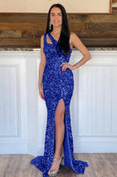 Laden Sie das Bild in den Galerie-Viewer, Meerjungfrau V-Ausschnitt Rote Pailletten Lang Abendkleid