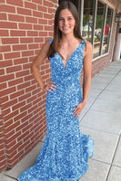 Laden Sie das Bild in den Galerie-Viewer, Meerjungfrau Schwarz V-Ausschnitt Pailletten Lang Abendkleid