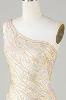 Laden Sie das Bild in den Galerie-Viewer, Mantel Eine Schulter Blau Pailletten Kurzes Cocktailkleid mit Quaste