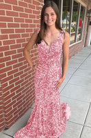 Laden Sie das Bild in den Galerie-Viewer, Meerjungfrau Blau V-Ausschnitt Pailletten Lange Abendkleid