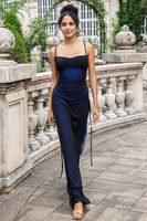 Laden Sie das Bild in den Galerie-Viewer, Schwarz Blau Etui Spaghettiträger Bodenlanges Brautjungfernkleid