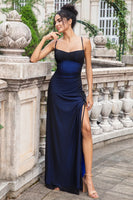 Laden Sie das Bild in den Galerie-Viewer, Schwarz Blau Etui Spaghettiträger Bodenlanges Brautjungfernkleid