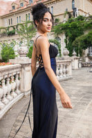 Laden Sie das Bild in den Galerie-Viewer, Schwarz Blau Etui Spaghettiträger Bodenlanges Brautjungfernkleid