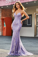 Laden Sie das Bild in den Galerie-Viewer, Funklnd Flieder Meerjungfrau Spaghettiträger Langes Abiballkleider Mit Perlen