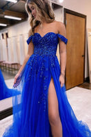 Laden Sie das Bild in den Galerie-Viewer, Glitzerndes A-Linien Lila Schulterfreies Korsett Pailletten Abendkleider mit Schlitz