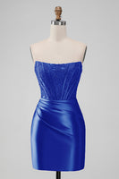 Laden Sie das Bild in den Galerie-Viewer, Rotes Bateau-Ausschnitt Trägerlose Korsett Cocktailkleid mit Raffung