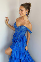 Laden Sie das Bild in den Galerie-Viewer, Glitzer Königsblau Schulterfreie Korsett Lang Abendkleider