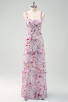 Laden Sie das Bild in den Galerie-Viewer, Grau Lila Blumen Chiffon Langes Brautjungfernkleid mit Rüschen