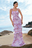 Laden Sie das Bild in den Galerie-Viewer, Grau Lila Blumen Chiffon Langes Brautjungfernkleid mit Rüschen