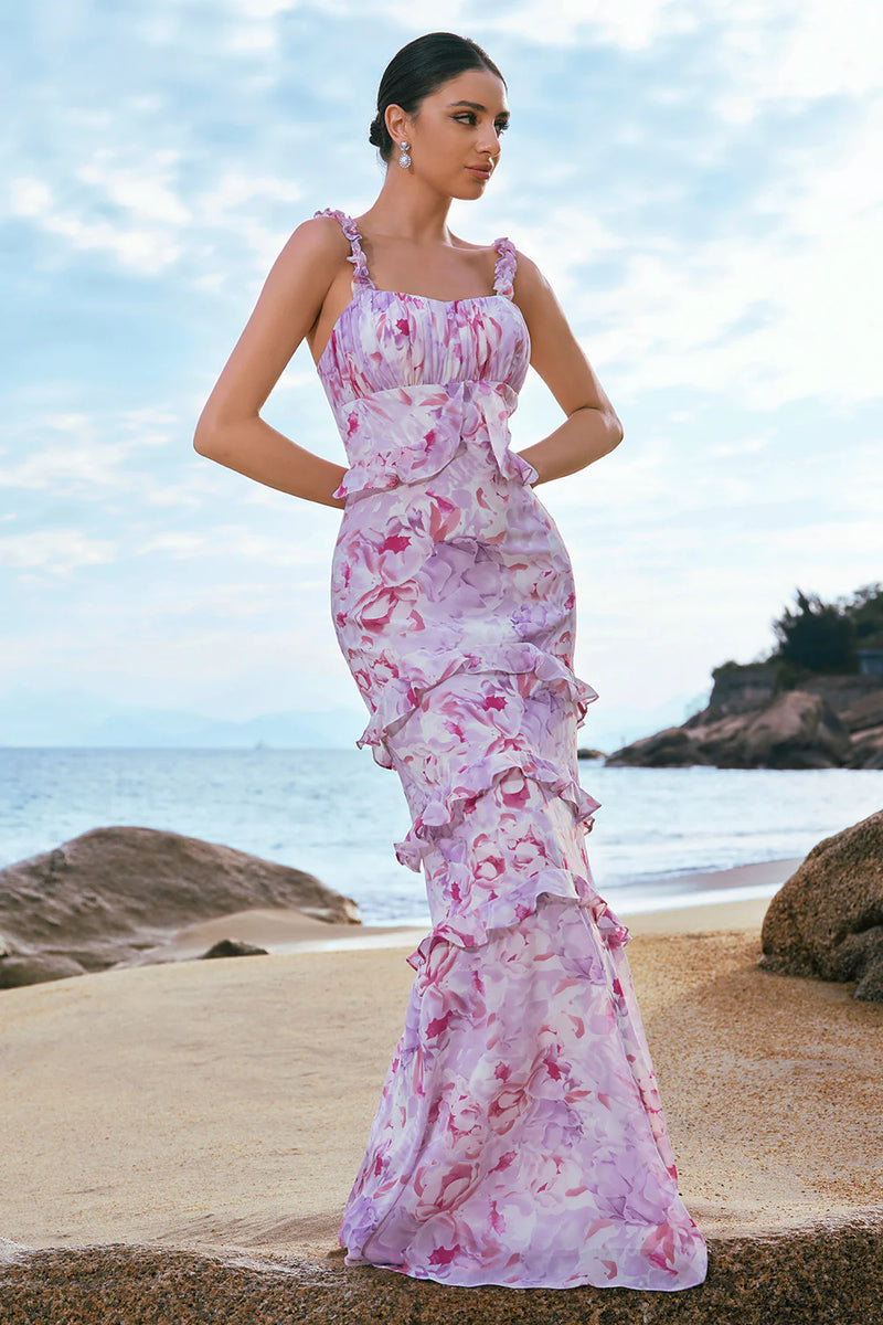 Laden Sie das Bild in den Galerie-Viewer, Grau Lila Blumen Chiffon Langes Brautjungfernkleid mit Rüschen