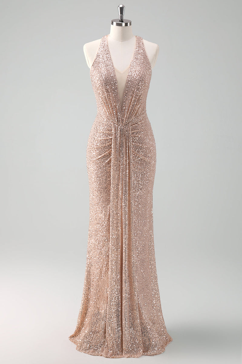 Laden Sie das Bild in den Galerie-Viewer, Glitzer Erröten Neckholder Meerjungfrau Pailletten Langes Ballkleid