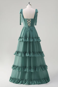 Eukalyptus A-Linie Chiffon Langes Brautjungfernkleid mit Rüschen Schlitz