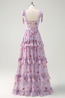 Grau Lila A-Linie Gestuftes Langes Brautjungfernkleid mit Rüschendruck