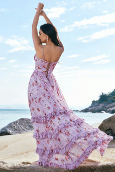 Grau Lila Blumen A Linie Spaghettiträger Korsett Langes Brautjungfernkleid