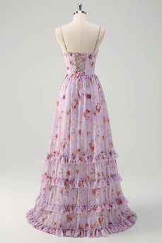 Grau Lila Blumen A-Linie Spaghettiträger Korsett Brautjungfernkleid mit Schlitz