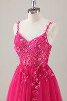 Laden Sie das Bild in den Galerie-Viewer, Glitzer Lila A Linien Spaghettiträger Tüll Langes Ballkleid mit Schlitz