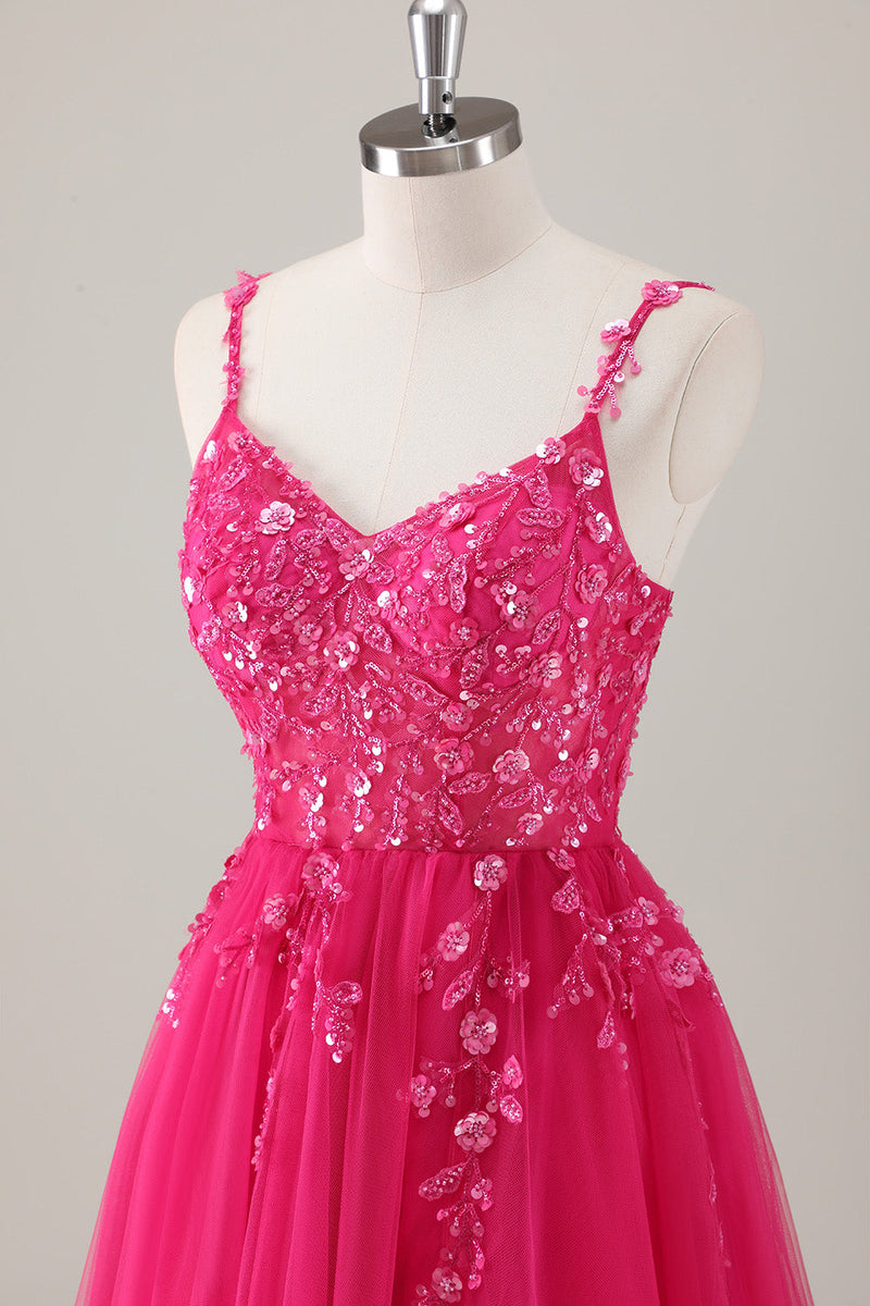 Laden Sie das Bild in den Galerie-Viewer, Glitzer Lila A Linien Spaghettiträger Tüll Langes Ballkleid mit Schlitz