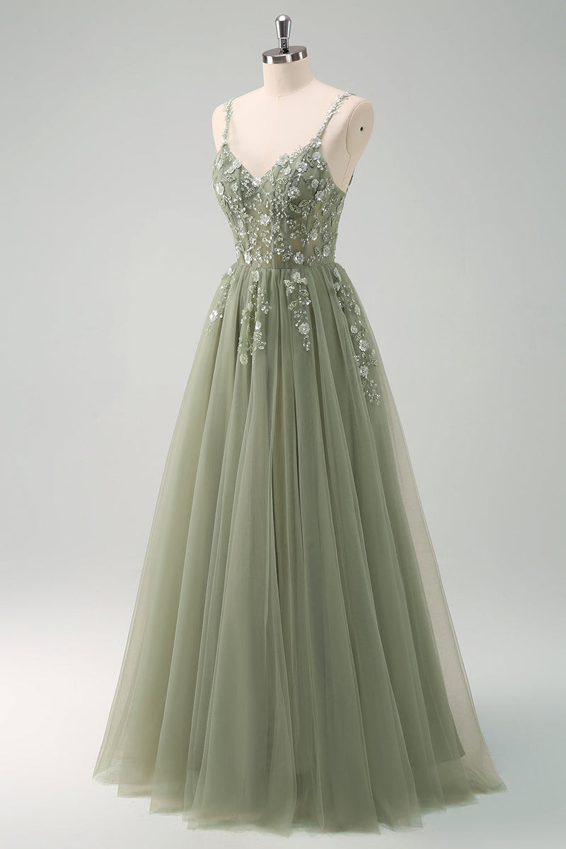 Laden Sie das Bild in den Galerie-Viewer, Glitzer Königsblau A Linien Spaghettiträger Korsett Langes Ballkleid mit Schlitz