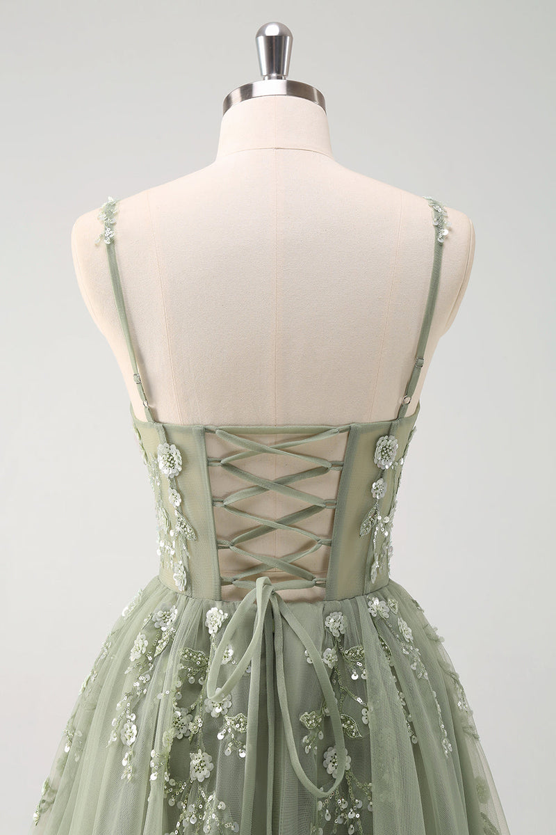 Laden Sie das Bild in den Galerie-Viewer, Glitzer Königsblau A Linien Spaghettiträger Korsett Langes Ballkleid mit Schlitz