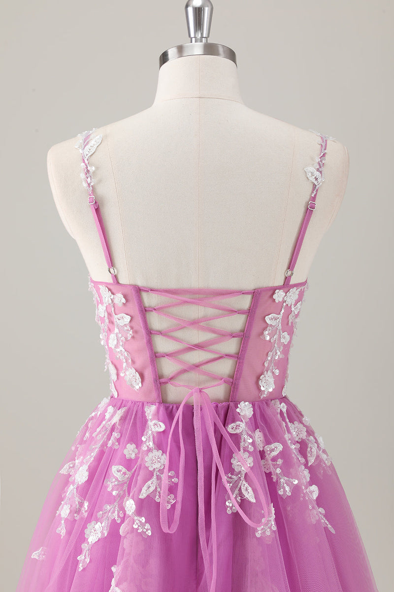 Laden Sie das Bild in den Galerie-Viewer, Glitzer Lila A Linien Spaghettiträger Tüll Langes Ballkleid mit Schlitz