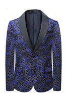 Laden Sie das Bild in den Galerie-Viewer, Schal Revers Ein-Knopf Dunkelblauer 2-Teiliger mit Blumen Bedruckt Abendanzug
