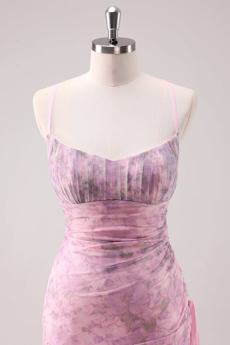 Laden Sie das Bild in den Galerie-Viewer, Rosa Geblümtes Spaghettiträger Etui Langes Ballkleid