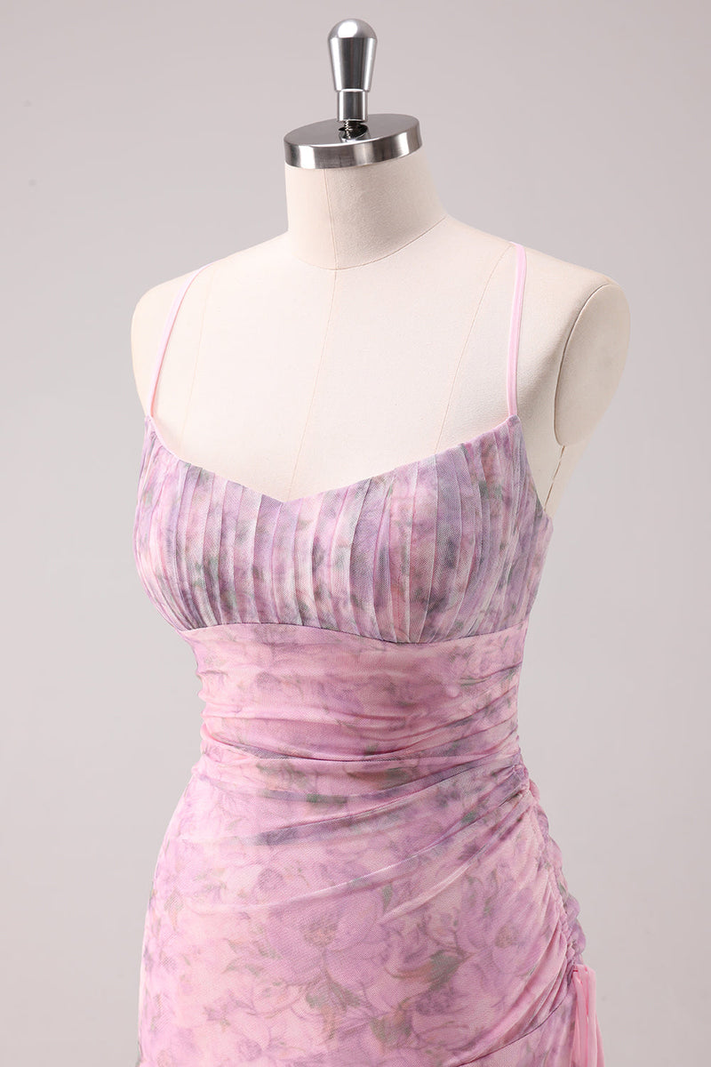 Laden Sie das Bild in den Galerie-Viewer, Rosa Geblümtes Spaghettiträger Etui Langes Ballkleid