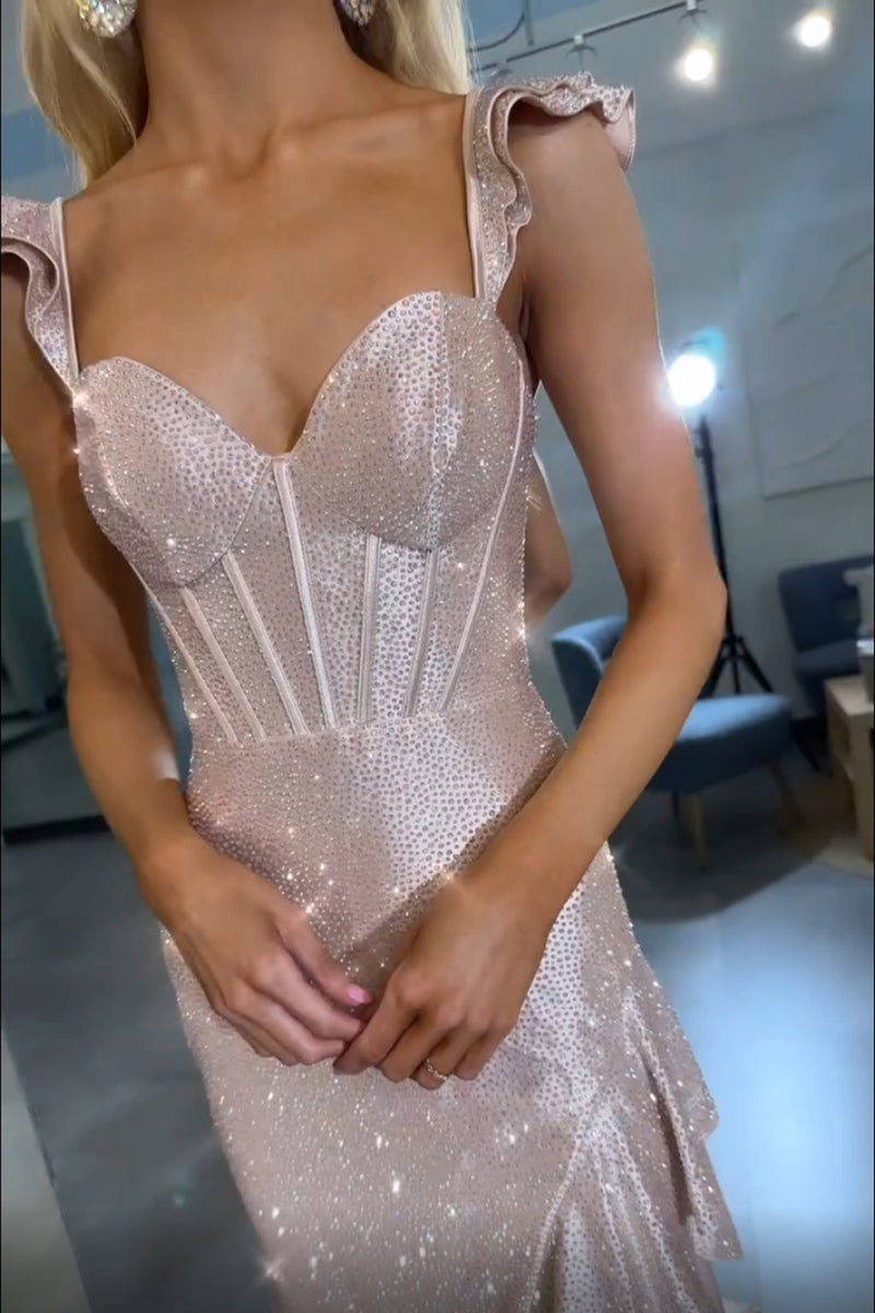 Laden Sie das Bild in den Galerie-Viewer, Funkelndes Gelbes Meerjungfrau Korsett Asymmetrisches Abendkleid mit Rüschen