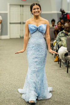 Glitzer Himmelblau Korsett Trägerlos Lang Abendkleider mit Applikationen