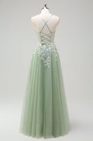 Laden Sie das Bild in den Galerie-Viewer, Salbei A-Linie Spaghettiträger Langes Abendkleider mit Applikationen