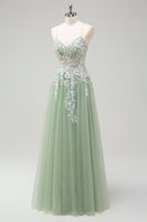Laden Sie das Bild in den Galerie-Viewer, Salbei A-Linie Spaghettiträger Langes Abendkleider mit Applikationen