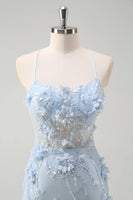 Laden Sie das Bild in den Galerie-Viewer, Glitzer Blau Merjungfrau Korsett Lange Abendkleid mit 3D Blumen