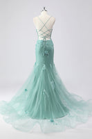 Laden Sie das Bild in den Galerie-Viewer, Glitzer Blau Merjungfrau Korsett Lange Abendkleid mit 3D Blumen