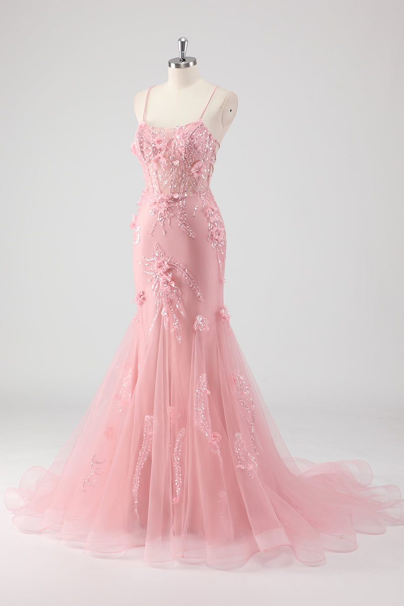 Laden Sie das Bild in den Galerie-Viewer, Glitzer Blau Merjungfrau Korsett Lange Abendkleid mit 3D Blumen