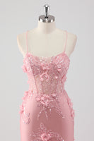 Laden Sie das Bild in den Galerie-Viewer, Glitzer Blau Merjungfrau Korsett Lange Abendkleid mit 3D Blumen