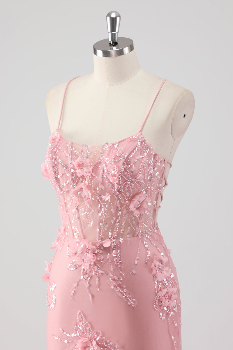 Laden Sie das Bild in den Galerie-Viewer, Glitzer Blau Merjungfrau Korsett Lange Abendkleid mit 3D Blumen