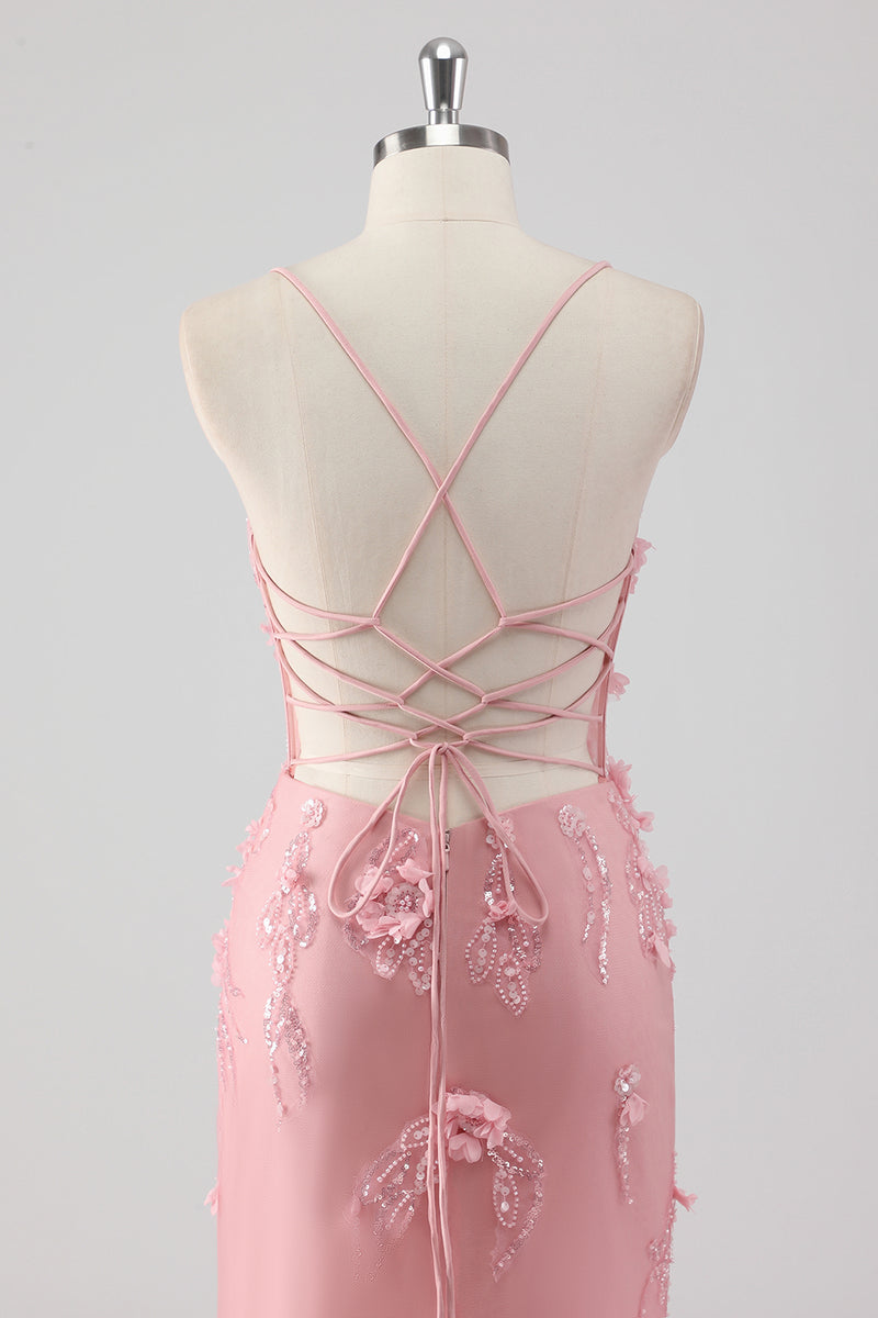 Laden Sie das Bild in den Galerie-Viewer, Glitzer Blau Merjungfrau Korsett Lange Abendkleid mit 3D Blumen