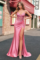 Laden Sie das Bild in den Galerie-Viewer, Glitzer Koralle Meerjungfrau Satin Korsett Langes Ballkleid mit Schlitz