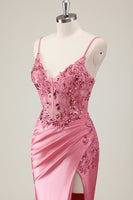 Laden Sie das Bild in den Galerie-Viewer, Gilitzer Koralle Meerjungfrau Spaghettiträger Korsett Langes Ballkleid mit Schlitz