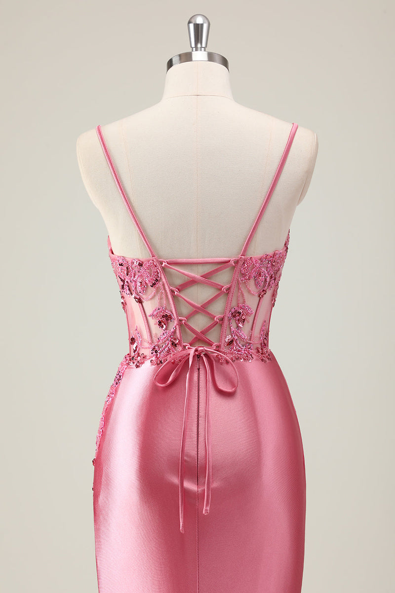 Laden Sie das Bild in den Galerie-Viewer, Gilitzer Koralle Meerjungfrau Spaghettiträger Korsett Langes Ballkleid mit Schlitz