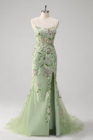 Laden Sie das Bild in den Galerie-Viewer, Frauen Grünes Korsett Abendkleid mit Schlitz Blumen Meerjungfrau Spaghettiträger Langes Ballkleid mit Applikationen