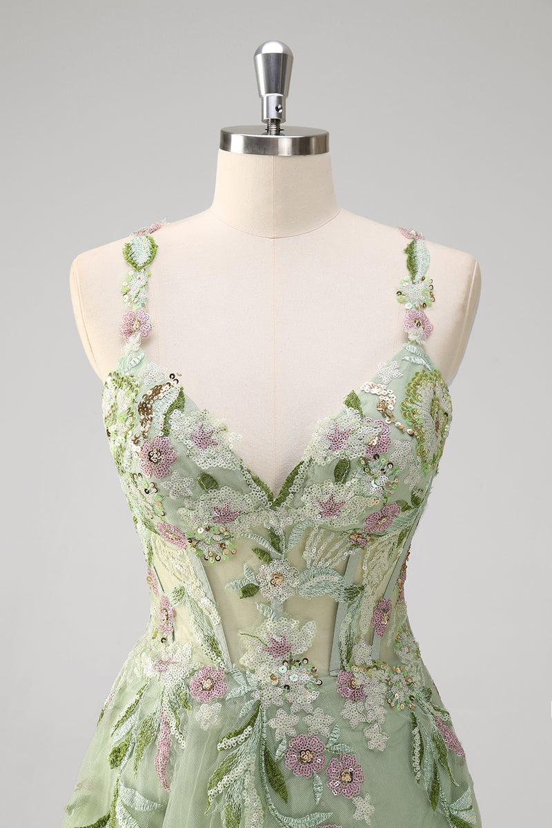 Laden Sie das Bild in den Galerie-Viewer, Grünes Blumen Korsett A-Linie Lang Abendkleider mit Applikationen